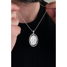TMT Silver 925 Ayar Gümüş Aslan Oval Erkek Kolye