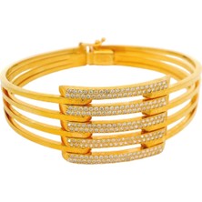 Altınöz Mücevherat Zirkon Taş Detaylı Geniş Kaburga Model Yeşil Altın Kelepçe Bilezik