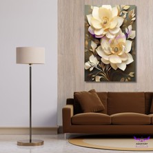 Tekli Dikey Kanvas Modern Duvar Tablosu Dekoratif Krem Rengi Çiçekler