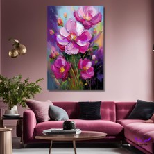 Tekli Dikey Kanvas Yağlı Boya Görünümlü Pembe Çiçekler