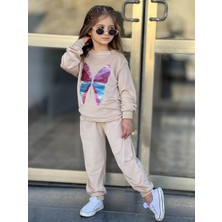 Sinmm Kelebek Pul Nakışlı Kadife Alt-Üst Kız Çocuk Eşofman Takımı Sweatshirt