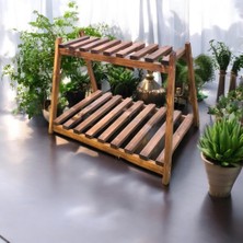2 Katlı Ahşap Çiçeklik Saksılık 2 Raflı Masif Koyu Naturel