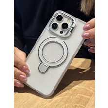 Paladyum Case iPhone 15 Pro Max Uyumlu Beyaz Magsafe ve Metal Kamera Çerçevesi Standlı Şeffaf Kılıf