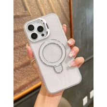 Paladyum Case iPhone 15 Pro Max Uyumlu Beyaz Magsafe ve Metal Kamera Çerçevesi Standlı Şeffaf Kılıf