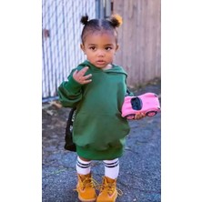 Kids Face Özel Tasarım Kapüşonlu Düz Renk Şardonlu Kışlık Kız Çocuk Spor Hoodie Elbise