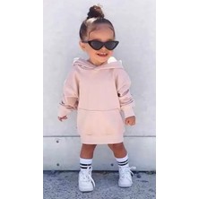 Kids Face Özel Tasarım Kapüşonlu Baskısız Soft Pembe Şardonlu Kışlık Kız Çocuk Spor Hoodie Elbise