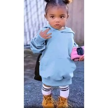 Kids Face Özel Tasarım Kapüşonlu Düz Renk Şardonlu Kışlık Kız Çocuk Spor Hoodie Elbise