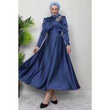 Omzu Taşlı Saten Abiye Koyu Indigo