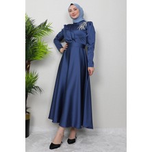 Omzu Taşlı Saten Abiye Koyu Indigo