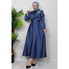 Omzu Taşlı Saten Abiye Koyu Indigo