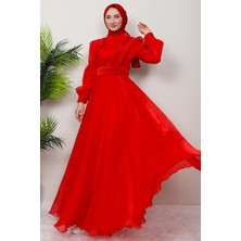 Giza Store V Pileli Tesettür Abiye Fuşya