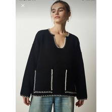 Butik Serdivan Kadın Çoban Dikiş Detaylı Uzun Kol Düşük Omuz Rahat Kalıp Cepli Triko Kazak