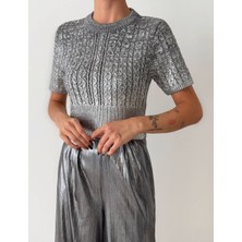 Butik Serdivan Örgülü Varak Crop Kısa Kol Kadın Triko Kazak Trend