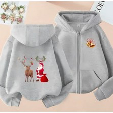 Kids Face Özel Tasarım Kapüşonlu Tam Fermuarlı Noel Baba Geyik Yılbaşı  Baskılı Kız Çocuk Sweatshırt