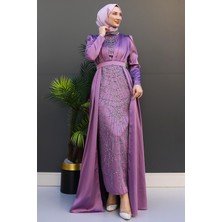 Işlemeli Pelerinli Abiye Lila