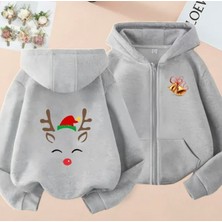 Kids Face Özel Tasarım Kapüşonlu Fermuarlı Mutlu Yılbaşı Geyiği Baskılı Kız Çocuk Sweatshırt