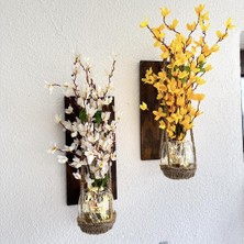 STDEKOR Duvar Dekoru LED Işıklı Sarı ve Beyaz Sakura Çiçekli Ceviz Aplik İkili Set