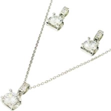 Hg.Aksesuar Kadın Zirkon Taşlı Tek Taş Çelik Kolye Küpe Set