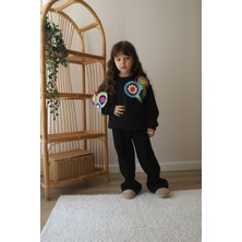 Yeni Sezon Yumuşacık 3 Iplik Polarlı Motif Nakış Işlemeli Siyah Renk Sweatshirt - Eşofman Alt Üst Takım