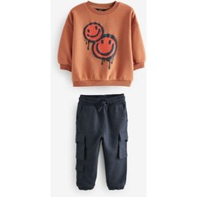 Lolli Boom Kids Erkek Çocuk Smile Desenli Kışlık 3 Iplik Pamuklu Sweatshirt Kargo Eşofman Alt-Üst Takım