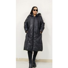 Akşen Giyim Büyük Beden Kadın Kışlık Içi Kürk Astarlı Dolgulu Fermuar Kapamalı Kürk Kapüşonlu Kaban