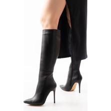 LS-226 Siyah Fermuarlı Lastikli Ince Yüksek Topuklu Kadın Çizme