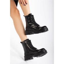Ellolita Luxury Shoes 868-2289 Siyah Kroko Bağcıklı Fermuarlı Günlük Kadın Bot