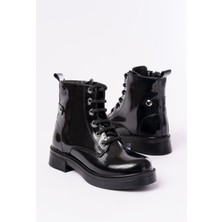 Ellolita Luxury Shoes 02-2003 Siyah Rugan Bağcıklı Fermuarlı Günlük Kadın Bot
