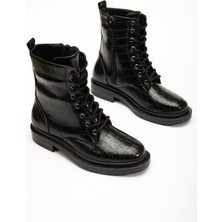 Ellolita Luxury Shoes 2024-2289 Siyah Kroko Bağcıklı Fermuarlı Günlük Kadın Bot