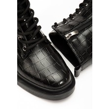 Ellolita Luxury Shoes 2024-2289 Siyah Kroko Bağcıklı Fermuarlı Günlük Kadın Bot