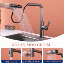 Rena Design Çok Modlu Antrasit Mutfak Evye Bataryası Spiralli Çek Bırak Başlık Yağmurlama