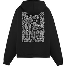 Unisex Siyah Baskılı Oversize Fit Pamuklu Kapüşonlu Sweatshirt