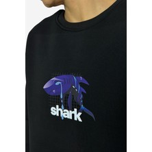 Ağlayan Shark Siyah Sıfır Yaka Tasarım Oversize Sweatshirt