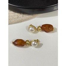 Incili Model Kahverengi Taşlı Küpe