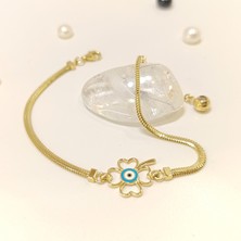 Altın Ofisi Göz Boncuklu Yonca Bileklik Künye 14 Ayar Altın