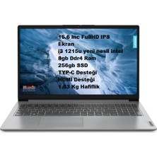 Lenovo Ideapad 1 15IAU7 I3-1215U 8 GB 256 GB SSD 15.6" Fhd Dizüstü Bilgisayar Freedos 1.63KG Ultra Hafif