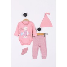 Maibella Müslin Tavşan Desenli Kız Bebek Hastane Çıkışı Bebek Kıyafetleri Yenidoğan Hastane Çıkış Seti 4'lü