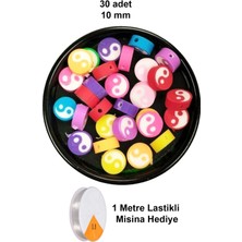 Canvix 30 Adet 10 mm Polimer Kil Fimo Boncuk Takı Bileklik + 1 Metre Lastikli Misina Hediye - Renkli Yin Yang