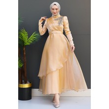 Giza Store Taşlı Organze Abiye Fuşya