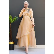Giza Store Taşlı Organze Abiye Fuşya