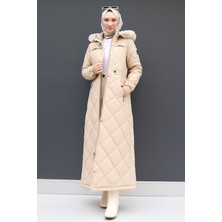 Giza Store Aysema Kürklü Şişme Mont Bej Kapitone Kadın Uzun Kol Düz Desen ile Şık Tasarım