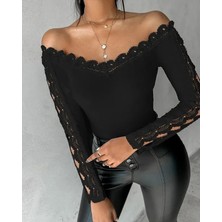 Tanla Butik Kadın Uzun Kollu Madonna Yaka Dantel Detaylı Ithal Krep Bluz