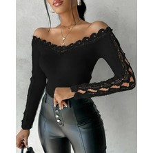 Tanla Butik Kadın Uzun Kollu Madonna Yaka Dantel Detaylı Ithal Krep Bluz