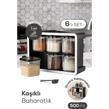 Vienev Beyaz Serigrafi Etiketli 6lı 500 ml Standlı Kendinden Yapışkanlı Kaşıklı Baharatlık Seti Siyah