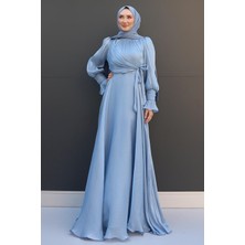 Fiyonk Detay Ipek Abiye Bebe Mavi