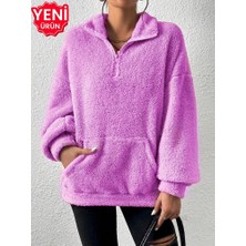 Newcabin.35 Yeni Sezon Oversize Kadın Yarım Fermuarlı Kanguru Cepli Yumuşak Dokulu Peluş Sweatshirt