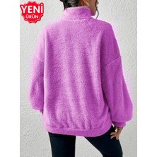 Newcabin.35 Yeni Sezon Oversize Kadın Yarım Fermuarlı Kanguru Cepli Yumuşak Dokulu Peluş Sweatshirt