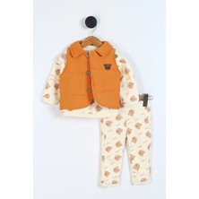 Miniğimin Cicileri Sevimli Bear Baskılı Yelekli 3 Lü Erkek bebe takım - Taba
