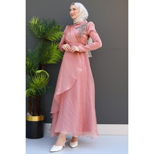 Giza Store Taşlı Organze Abiye Fuşya