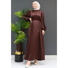 Giza Store Ince Kuşaklı Saten Elbise Kahve